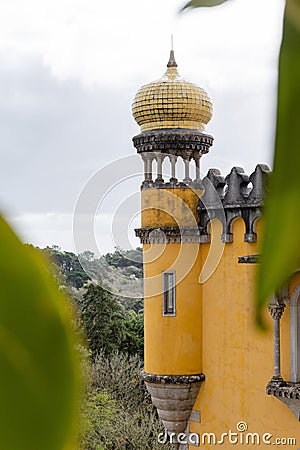 Yellow Watch Tower of Pena Palace, Sintra, Portugal Editorial Stock Photo
