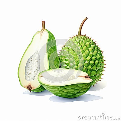 Two Jackfruits On White Background: Multidimensional Shading And Realistic Color Palette Cartoon Illustration