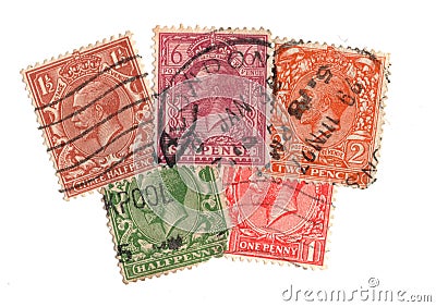 King George V postage stamps from Great Britain. Editorial Stock Photo