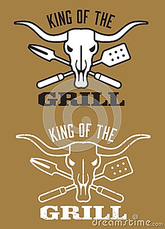 King of the Grill barbecue image with cow skull and crossed utensils. Vector Illustration