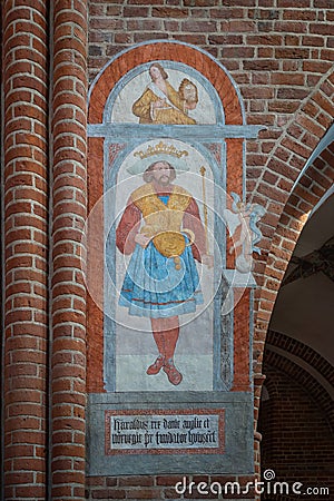 King Harald Bluetooth fresco at Roskilde Cathedral Interior - Roskilde, Denmark Editorial Stock Photo