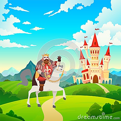 King on horseback. Prince rides to castle on horse on medieval mansion landscape, illustration for child fairytale Vector Illustration