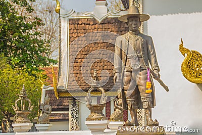 King Kawila statue at Wat Chedi Luang in Chiang Mai, Thailand. King Kawila worked hard to resurrect Lanna cultures and traditions, Stock Photo