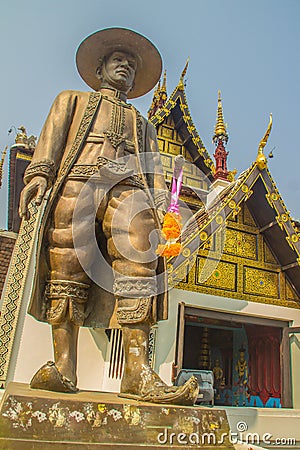 King Kawila statue at Wat Chedi Luang in Chiang Mai, Thailand. King Kawila worked hard to resurrect Lanna cultures and traditions, Stock Photo