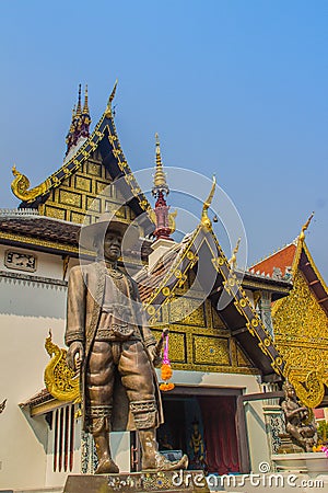 King Kawila statue at Wat Chedi Luang in Chiang Mai, Thailand. King Kawila worked hard to resurrect Lanna cultures and traditions, Stock Photo