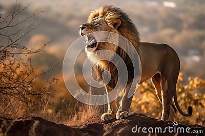 King of Lion roaring looking regal standing on small hill. Stock Photo