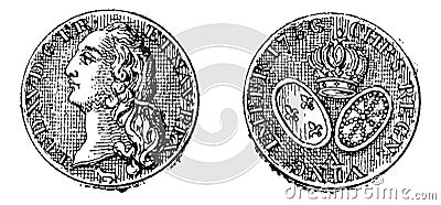 King Louis XV Gold Coin, vintage engraving Vector Illustration