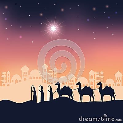 King magicians in desert night landscape scene Vector Illustration