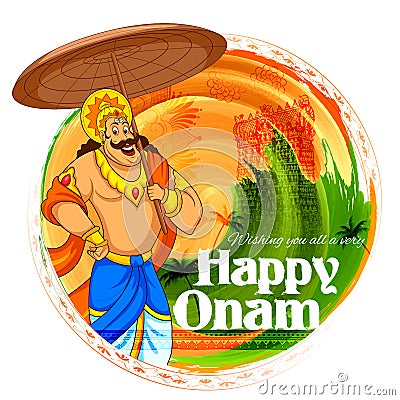 King Mahabali in Onam background showing culture of Kerala Vector Illustration