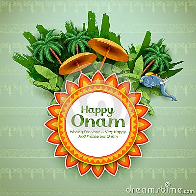 King Mahabali umbrella in celebration background for Happy Onam festival of South India Kerala Vector Illustration