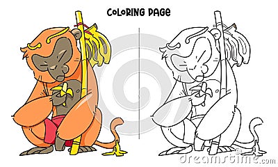 King Monkey Eats Banana Coloring Page Stock Photo