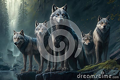 King of the Pack Group of Wild Wolves Sitting Together in the Forest Stock Photo