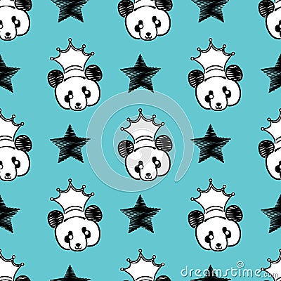 King panda cute face seamless pattern. Happy cute panda head repeat pattern with black star and blue background Vector Illustration