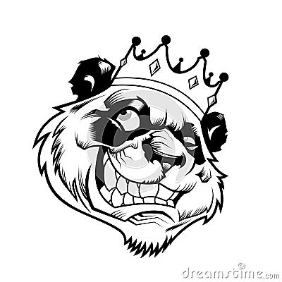 King panda head black and white Cartoon Illustration