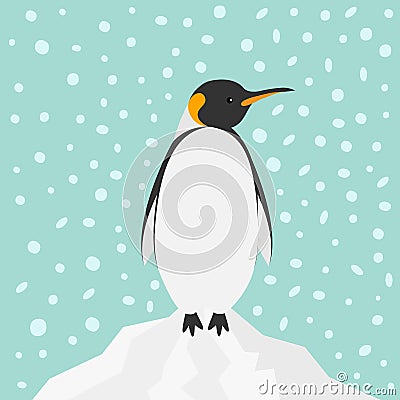 King Penguin Emperor Aptenodytes Patagonicus on iceberg Snow in the sky Flat design Winter antarctica background Vector Illustration