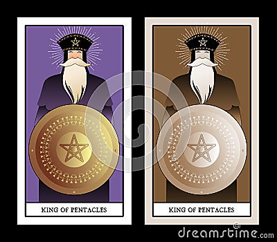 King of Pentacles with crown and long beard holding golden shield with the symbol of the pentacle in the center. King of Gold. Vector Illustration