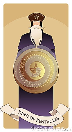 King of Pentacles with crown and long beard holding golden shield with the symbol of the pentacle in the center. Stock Photo