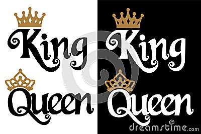 King and queen - couple design. Black text and gold crown isolated on white background. Vector Illustration