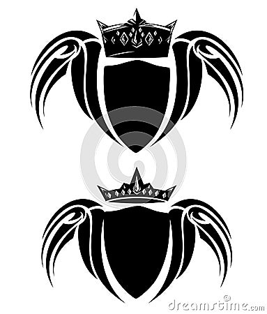 King and queen crown and winged heraldic shield black vector design set Vector Illustration