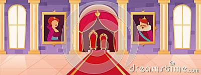 King royal interior. Family castle. Two thrones. Monarch portraits. Images in queen palace. Medieval guard. Magic Vector Illustration