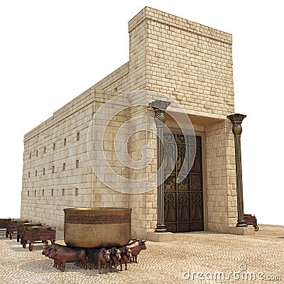 King Solomon`s temple with large basin call Brazen Sea and bronze altar on white. 3D illustration Cartoon Illustration