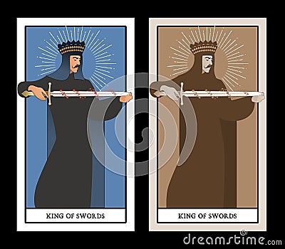 King of Swords with spades crown, holding a sword surrounded by flower garland. Minor arcana Tarot cards. Spanish playing cards Vector Illustration