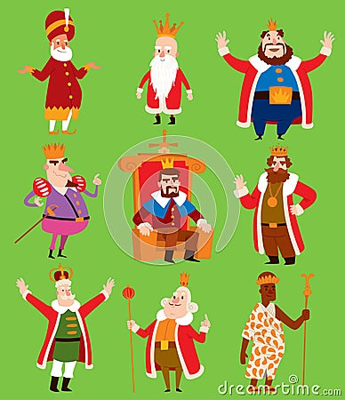 King vector illustration set. Fantasy royalty medieval cartoon monarch fun comic set. Fairytale prince costume kings Vector Illustration