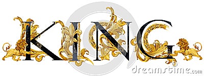 King. vintage gold damask curl script. love text. Stock Photo