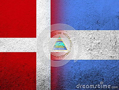 The Kingdom of Denmark National flag with The Republic of Nicaragua National flag. Grunge Background Stock Photo