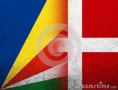 The Kingdom of Denmark National flag with The Republic of Seychelles National flag. Grunge Background Stock Photo