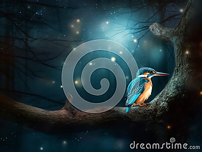 Kingfisher in a Starlit Forest Stock Photo