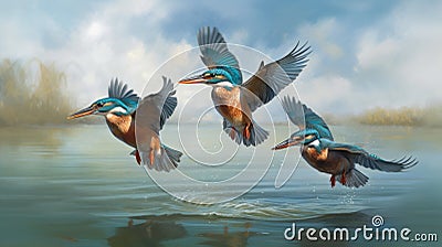 Kingfishers Flying Over Water Painting In Sketchfab Style Cartoon Illustration