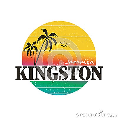 Kingston jamaica paradise vintage sunset palm tree distressed poster beach apparel Vector Illustration