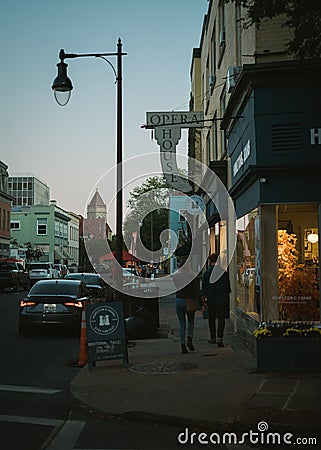 Kingstons Opera House sign and street scene at sunset, Kingston, New York Editorial Stock Photo