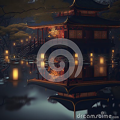 Kinkakuji, Golden Pavilion in Kyoto with floating lanterns in Summer, lantern festival, AI generative. Stock Photo