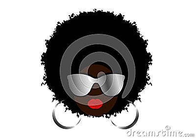 Kinky curly afro hair, portrait African Woman wear sunglasses, dark skin female face, ethnic traditional coiffure, sexy red lips Vector Illustration