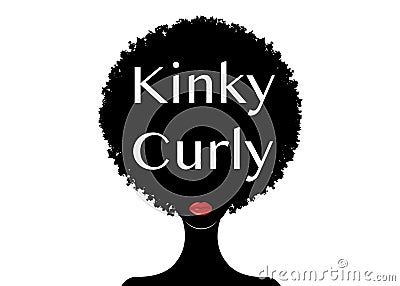 Kinky curly text, curly afro hair, portrait African Woman , dark skin female face with curly hair afro, ethnic traditional curly Vector Illustration