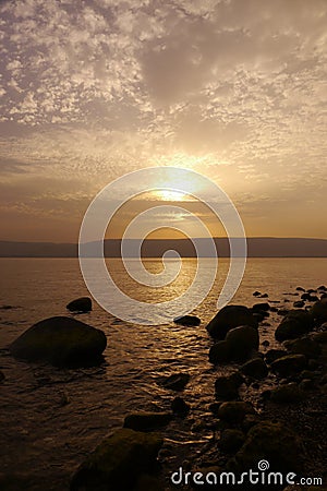 Kinneret lake in Tiberias at sunrise Stock Photo