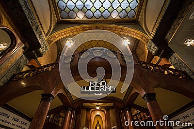 Kino Lucerna Cinema monumental stairs with the logo of the cinema, with a typical Secession Art Nouveau style. Editorial Stock Photo