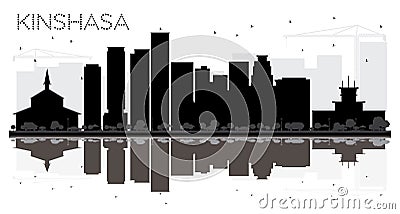 Kinshasa City skyline black and white silhouette with reflection Cartoon Illustration