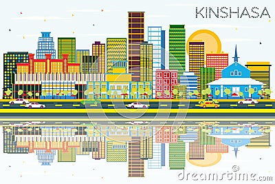 Kinshasa Skyline with Color Buildings, Blue Sky and Reflections. Stock Photo