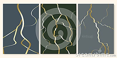 Kintsugi gold crack pattern aesthetic marble vector background. Set of kintsukuroi illustration. Abstract broken stone Vector Illustration
