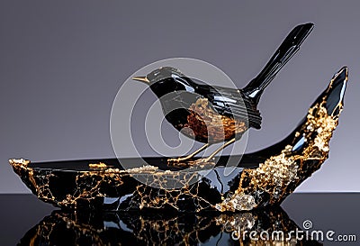 Kintsugi-inspired Robin sculpture with golden repairs, AI-generated. Stock Photo