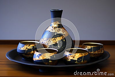kintsugi repaired sake set displayed on a wooden tray Stock Photo