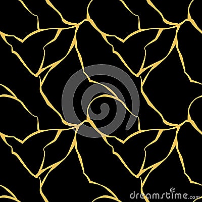 kintsugi seamless pattern gold cracks, broken marble luxury stone on black background Vector Illustration