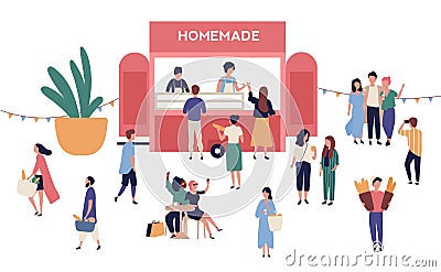 Kiosk or stall with tasty homemade meals, adorable people buying and selling street food at outdoor festival, summer Vector Illustration