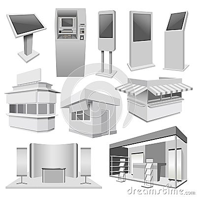 Kiosk stand booth mockup set, realistic style Cartoon Illustration