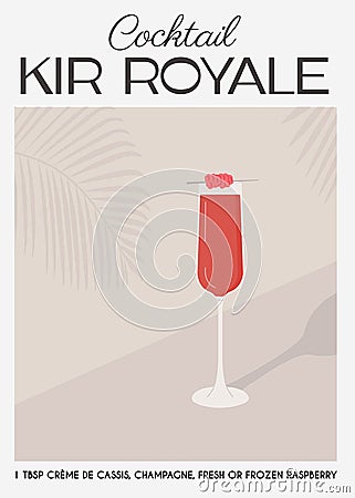 Kir Royale Cocktail with champagne in flute glass garnish with raspberry. Classic alcoholic beverage recipe modern print Vector Illustration
