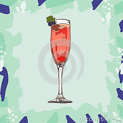 Kir Royale cocktail, vector illustration, hand drawn sketch, colored Cartoon Illustration