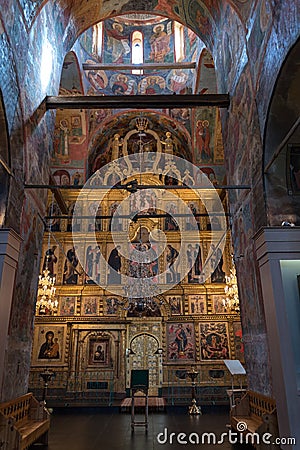 Kirillo-Belozersky Monastery. Frescoes on the walls and icons of altar of the Assumption Cathedral Editorial Stock Photo